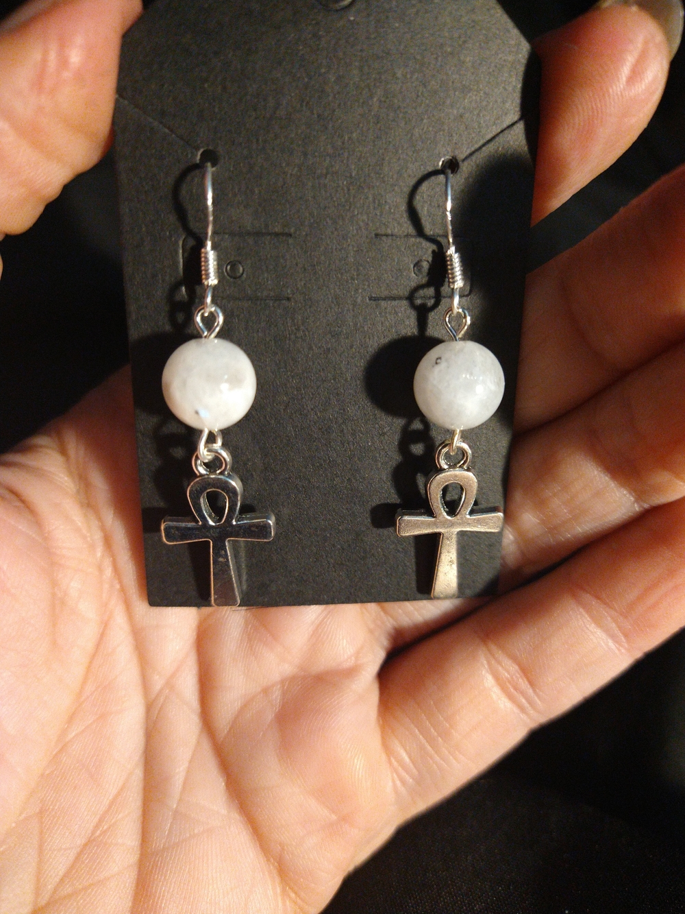 Silver Ankh Dangle Earrings with Moonstone Beads - Gothic Gargoyle